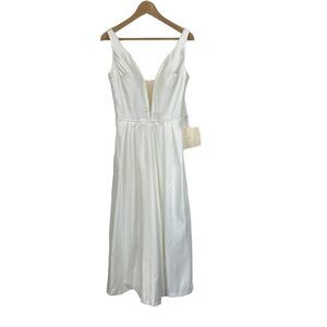 NEW Lan Ting Ivory Bridal Embellished Deep V Satin Wide Leg Jumpsuit, Small